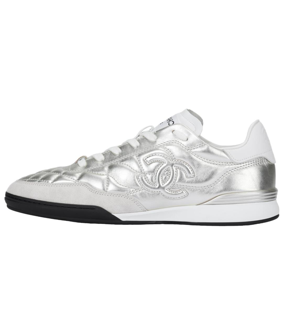 CHANEL Серебряные кожаные низкие кроссовки / кеды, фото 6