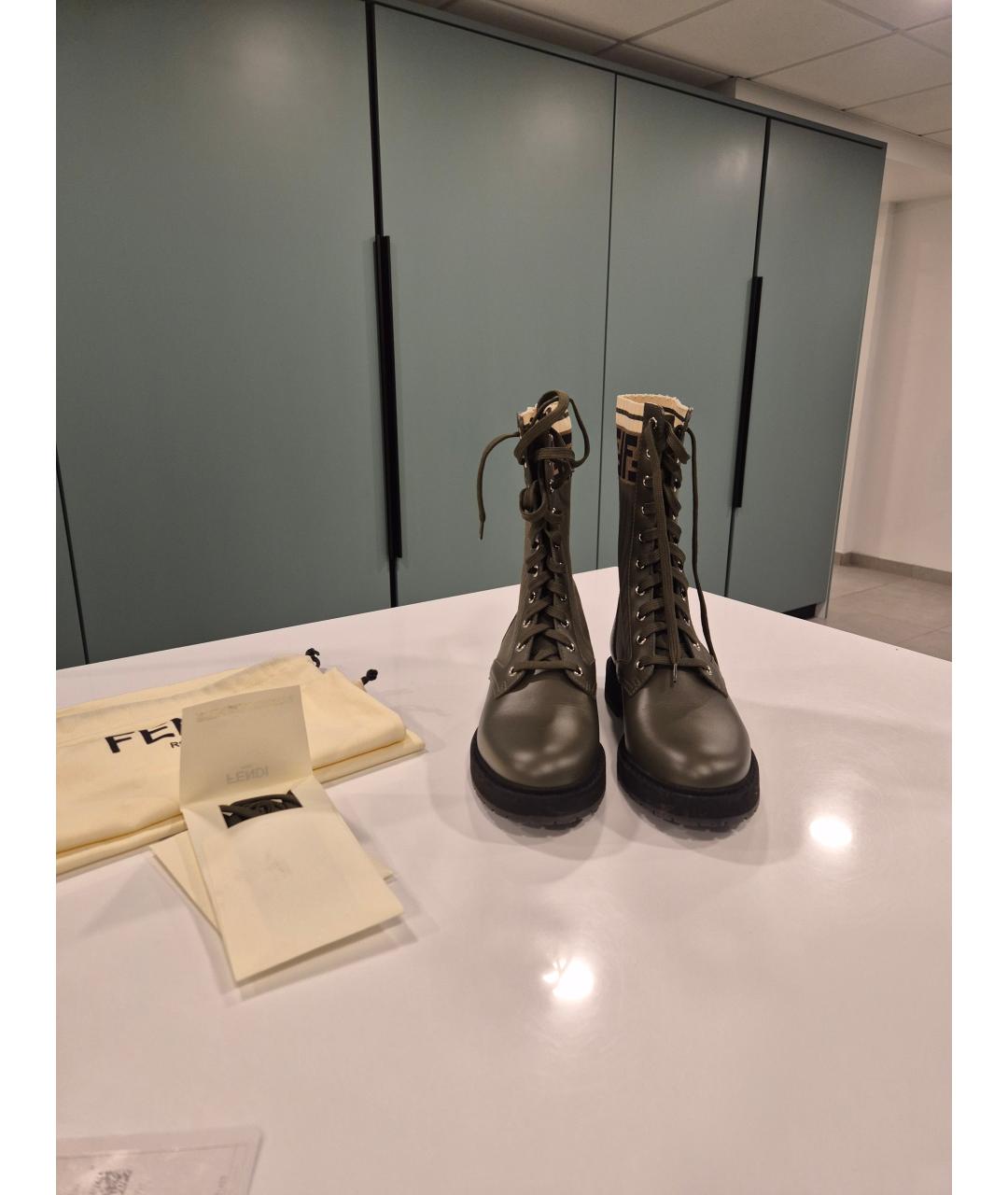 FENDI Хаки кожаные ботинки, фото 7