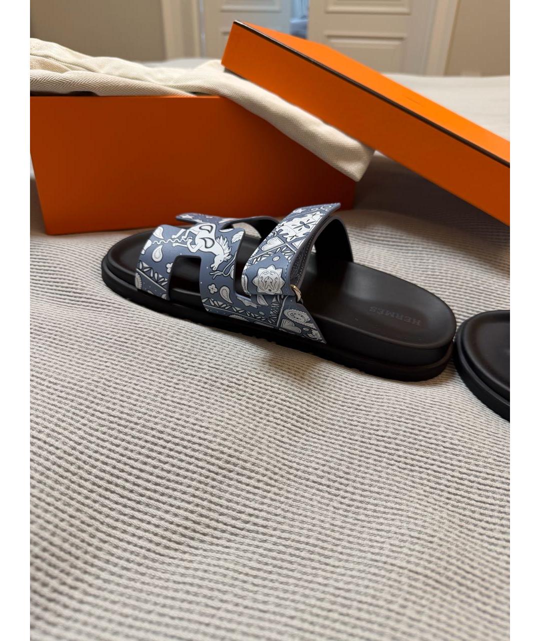 HERMES Голубые кожаные шлепанцы, фото 5