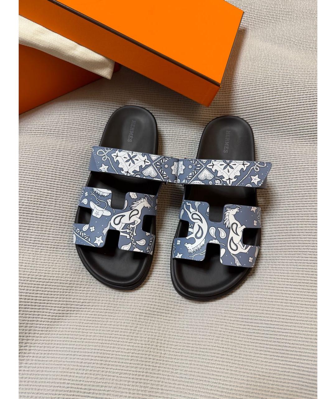 HERMES Голубые кожаные шлепанцы, фото 2