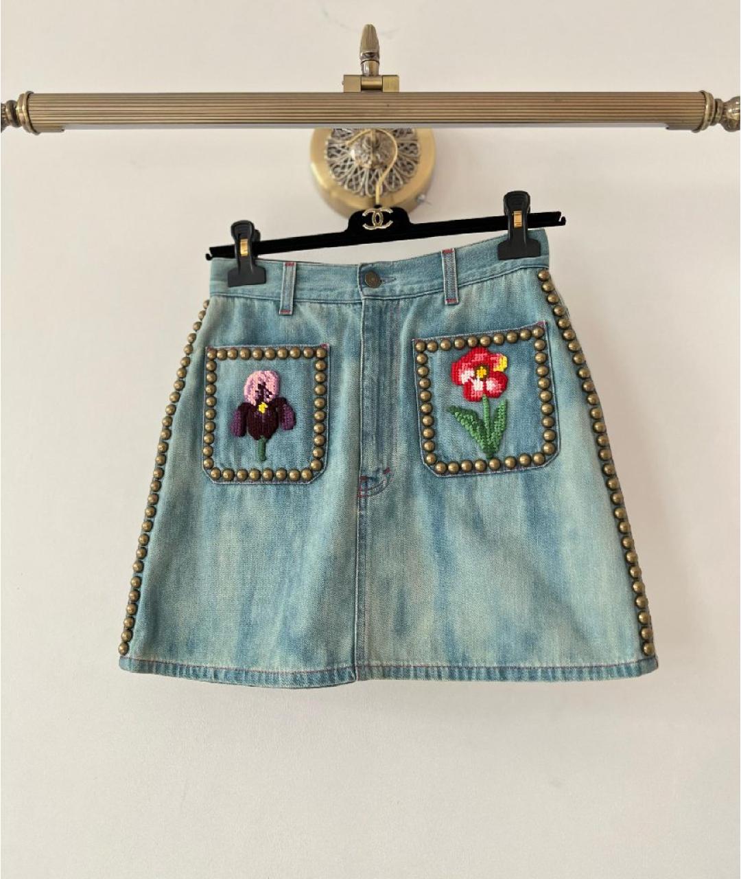 GUCCI Голубая хлопковая юбка мини, фото 10