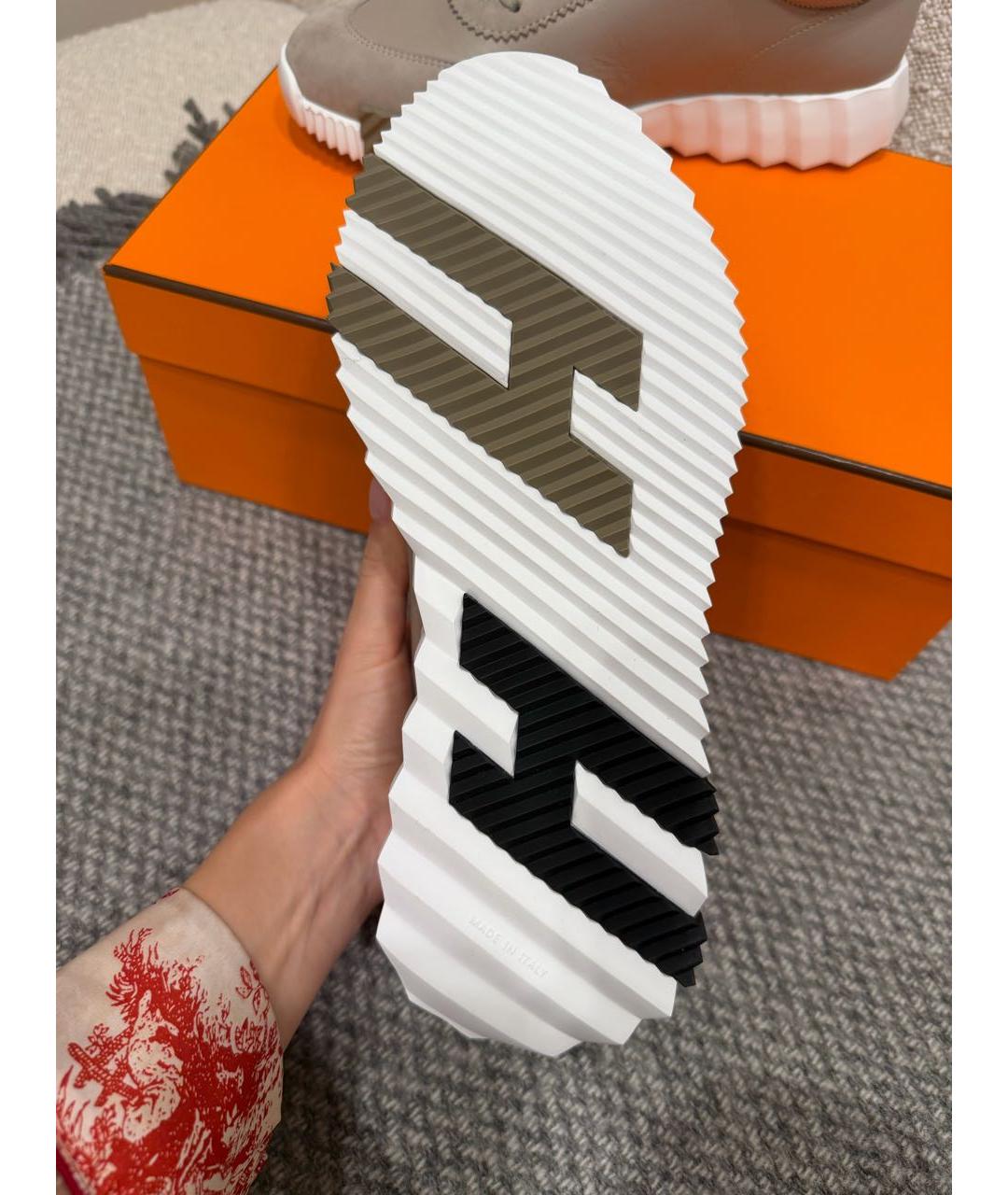 HERMES Бежевые кожаные кроссовки, фото 4