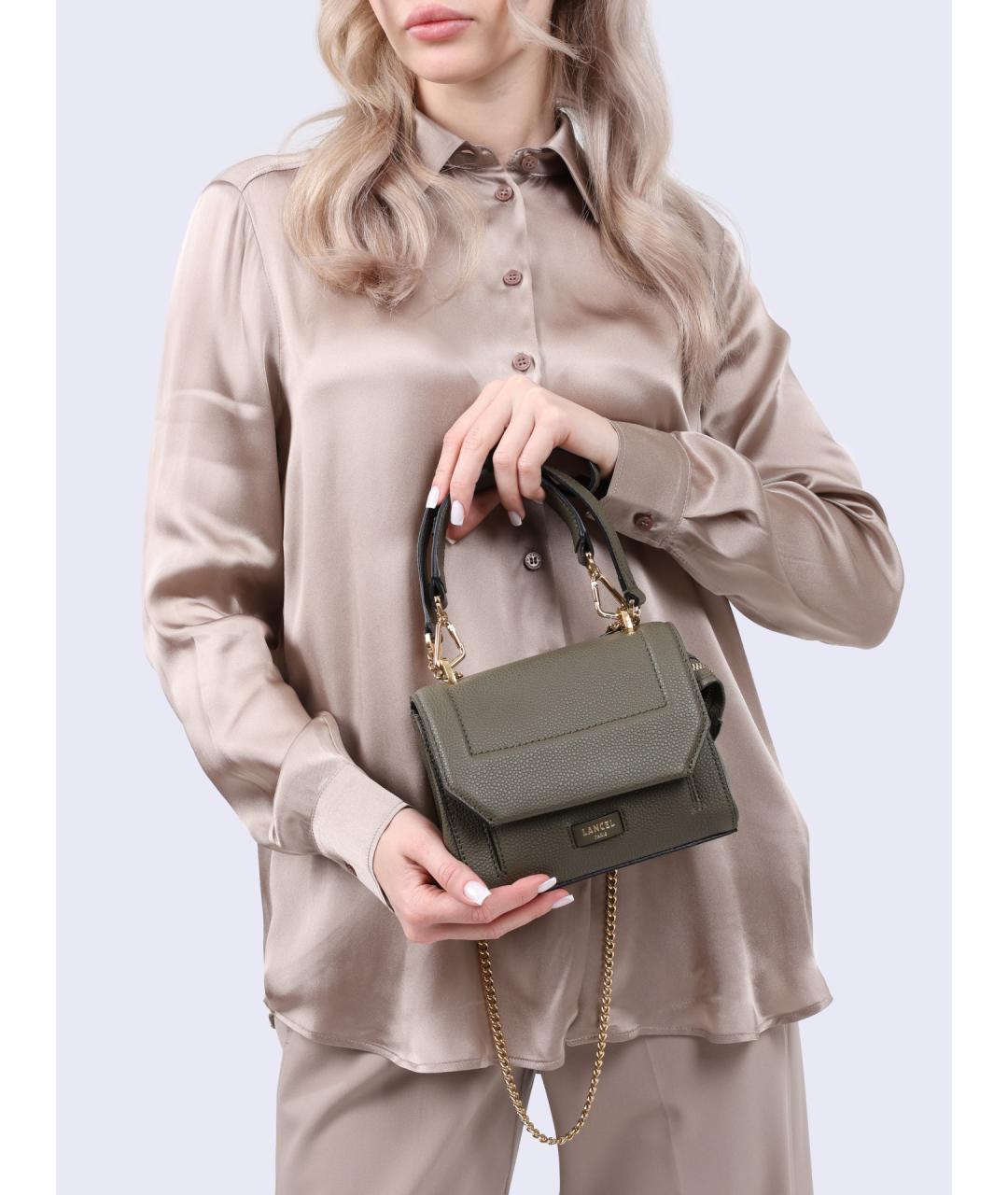 LANCEL Хаки кожаная сумка с короткими ручками, фото 5