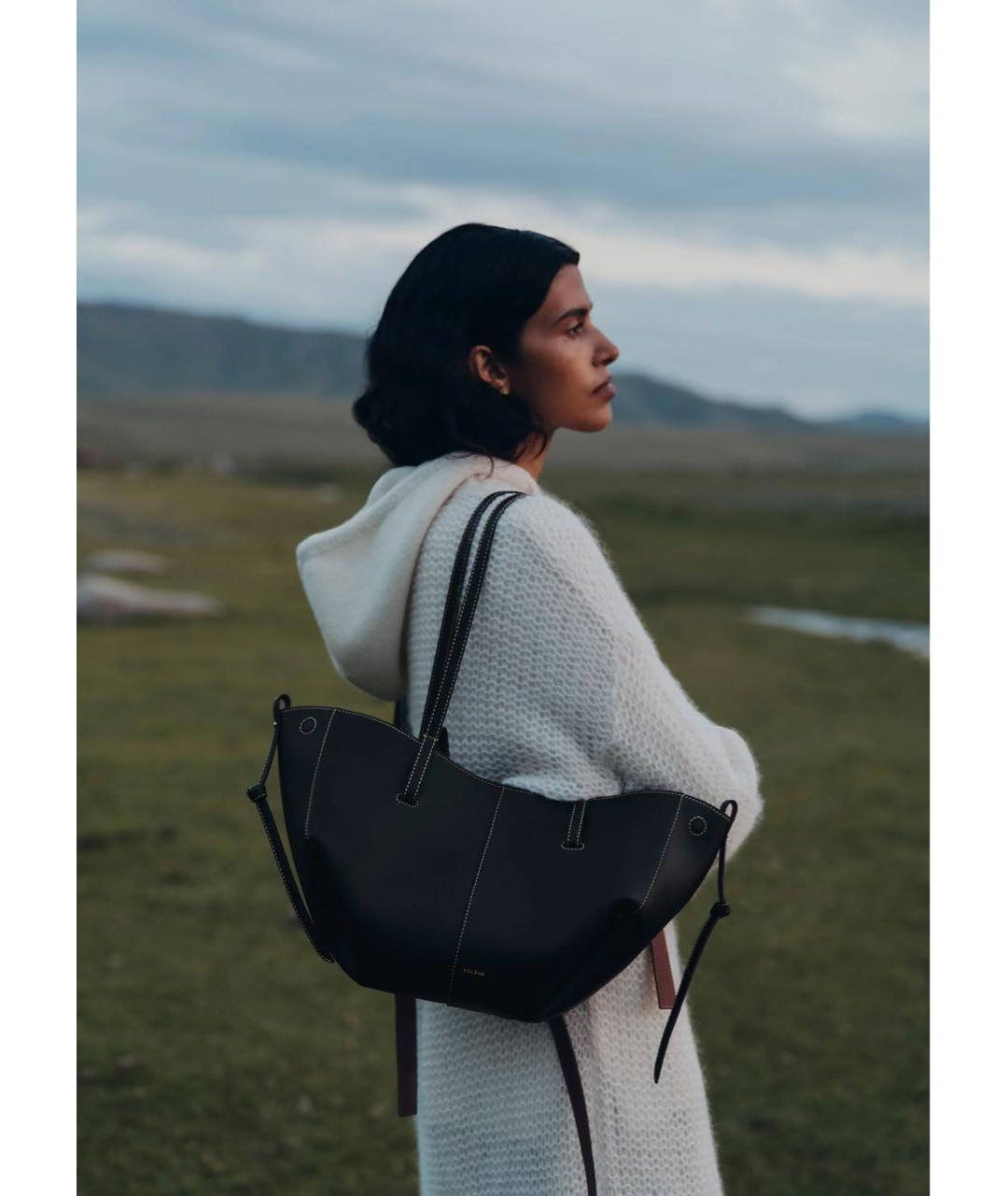 POLENE Черная кожаная сумка тоут, фото 3