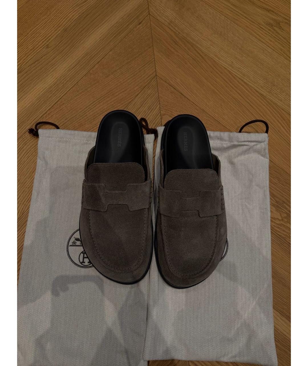 HERMES Хаки кожаные шлепанцы, фото 2