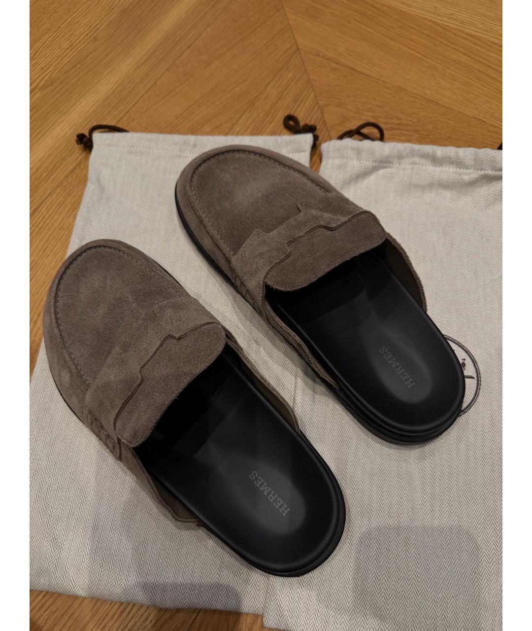 HERMES Хаки кожаные шлепанцы, фото 3