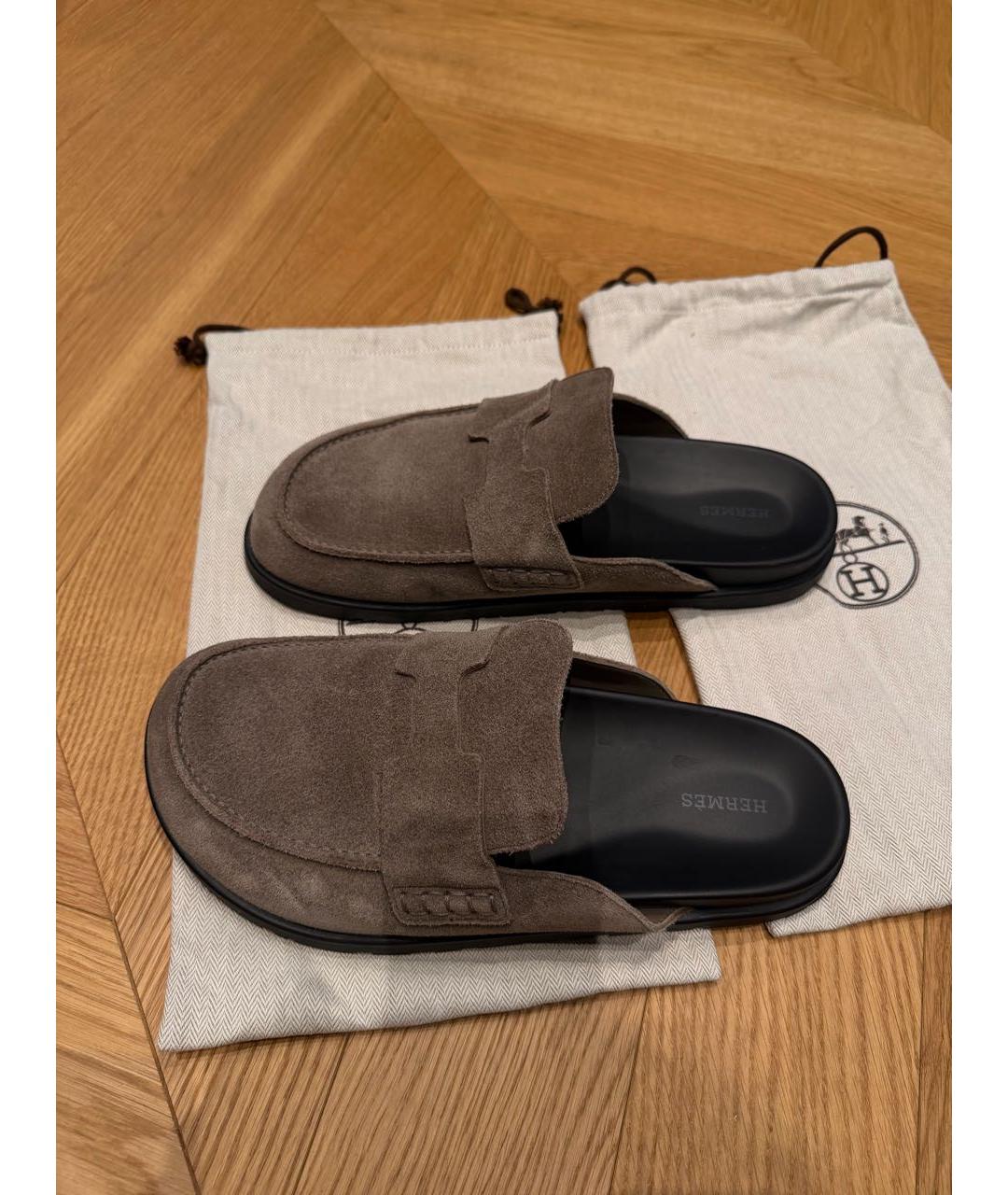 HERMES Хаки кожаные шлепанцы, фото 5