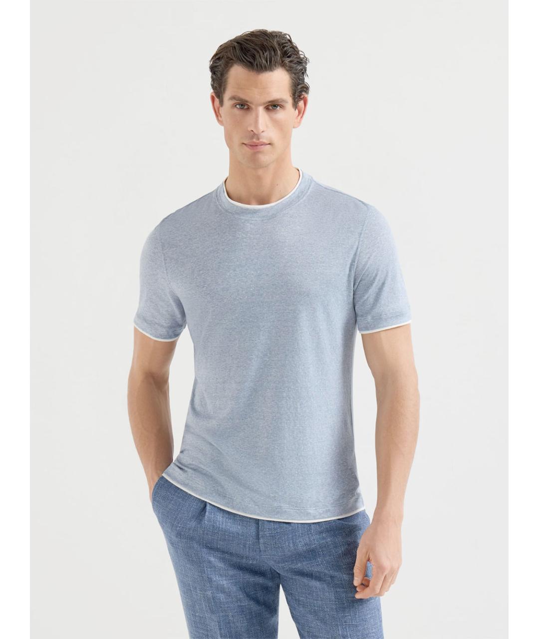 BRUNELLO CUCINELLI Голубая хлопко-леновая футболка, фото 2