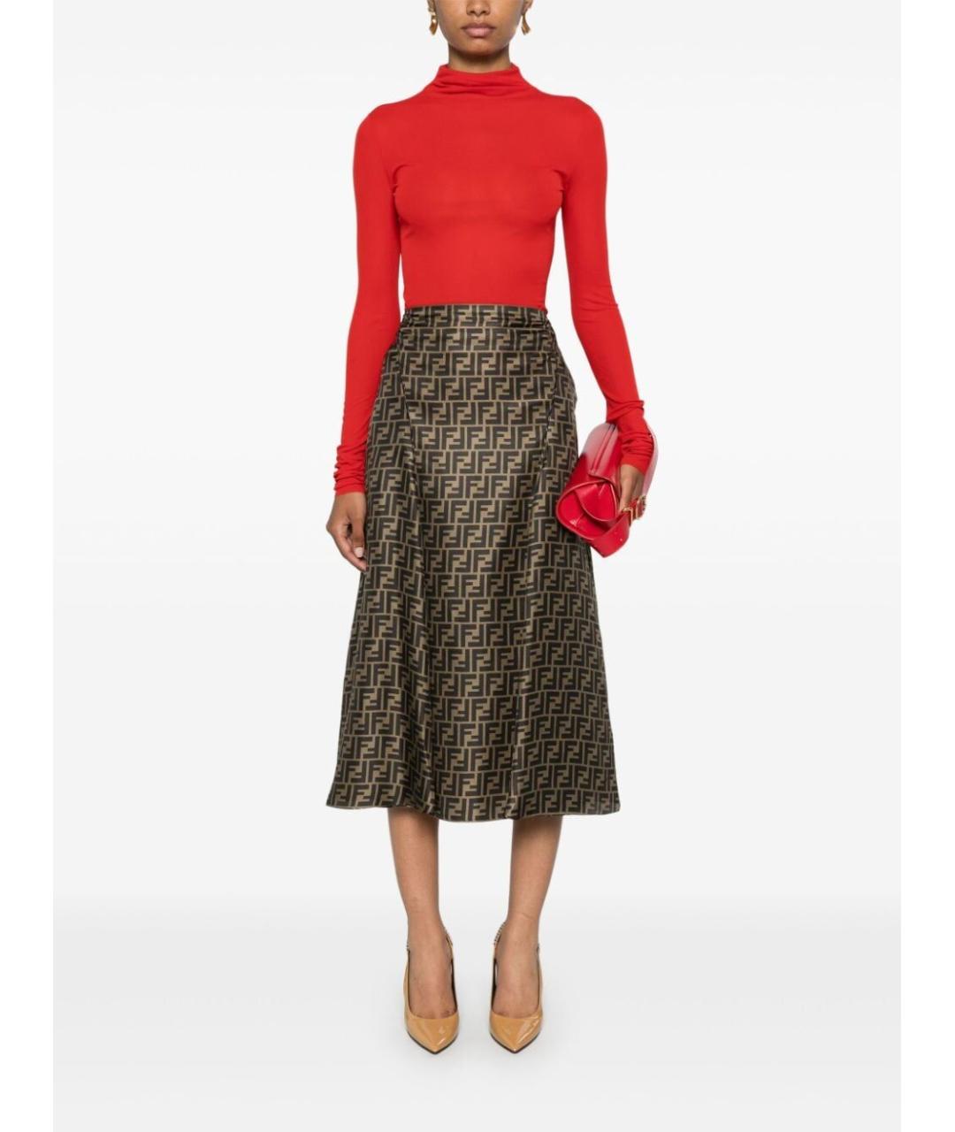 FENDI Коричневая шелковая юбка миди, фото 5