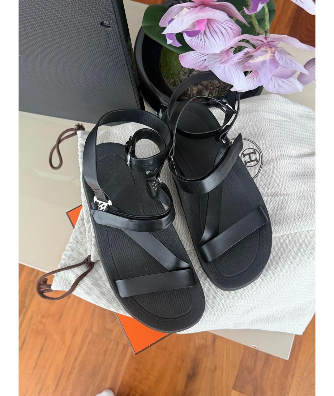 HERMES Черные кожаные сандалии, фото 2