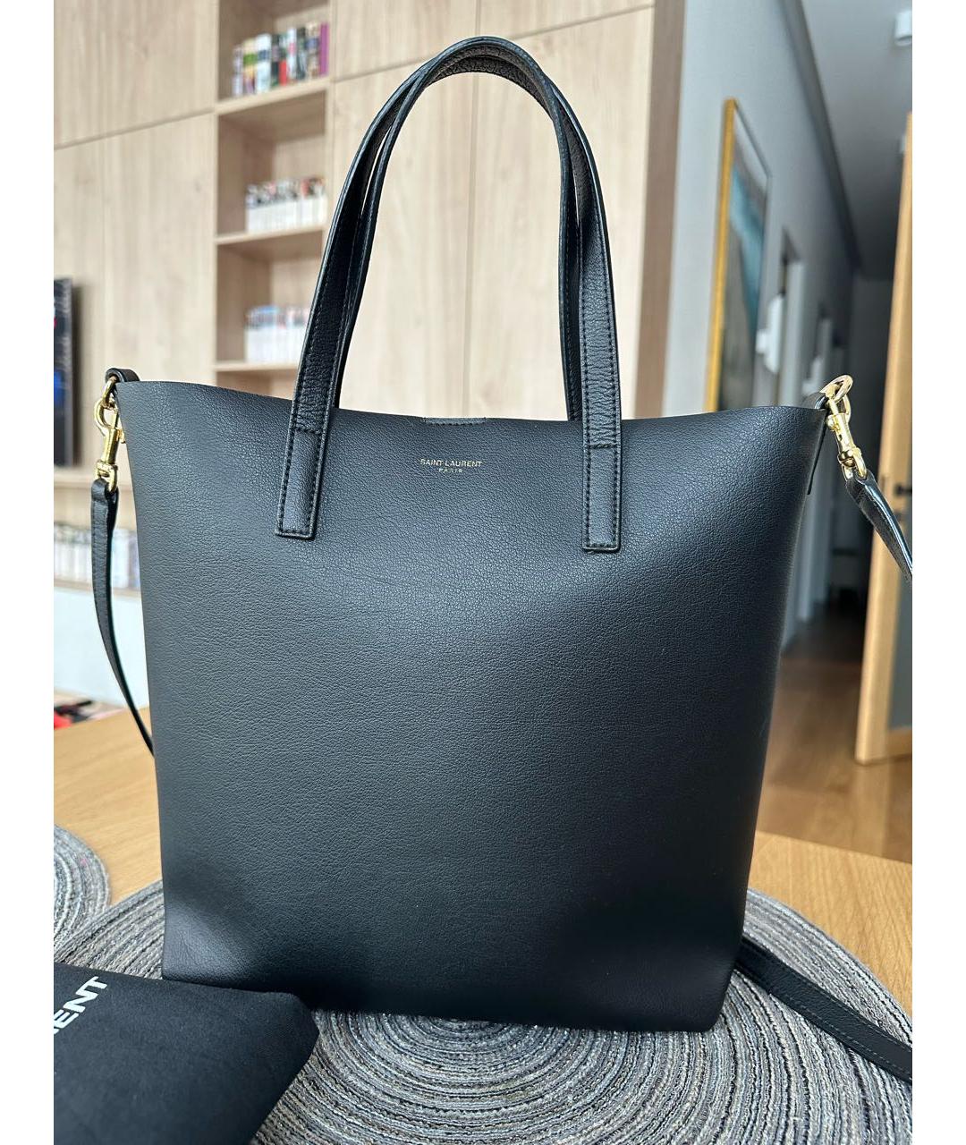 SAINT LAURENT Черная кожаная сумка тоут, фото 2