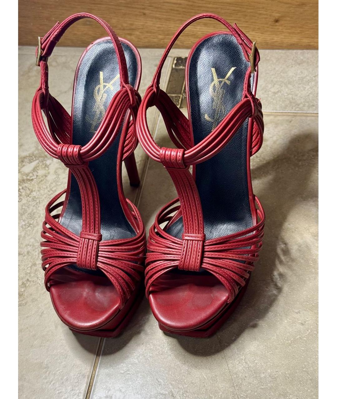 SAINT LAURENT Бордовые кожаные босоножки, фото 3