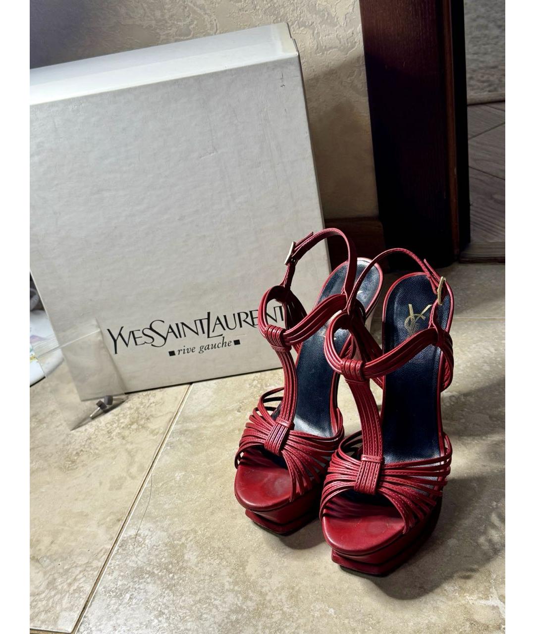 SAINT LAURENT Бордовые кожаные босоножки, фото 5