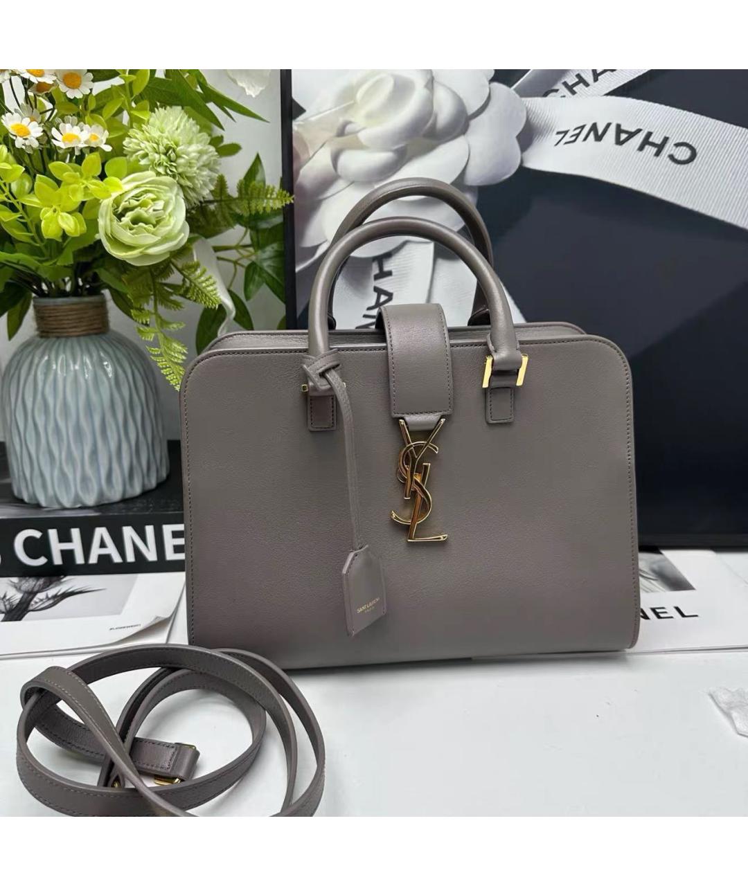 SAINT LAURENT Серая кожаная сумка тоут, фото 8