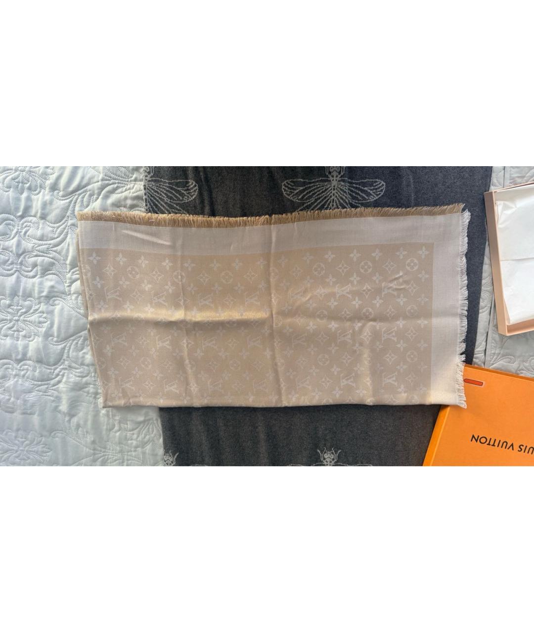 LOUIS VUITTON Бежевый шелковый шарф, фото 5