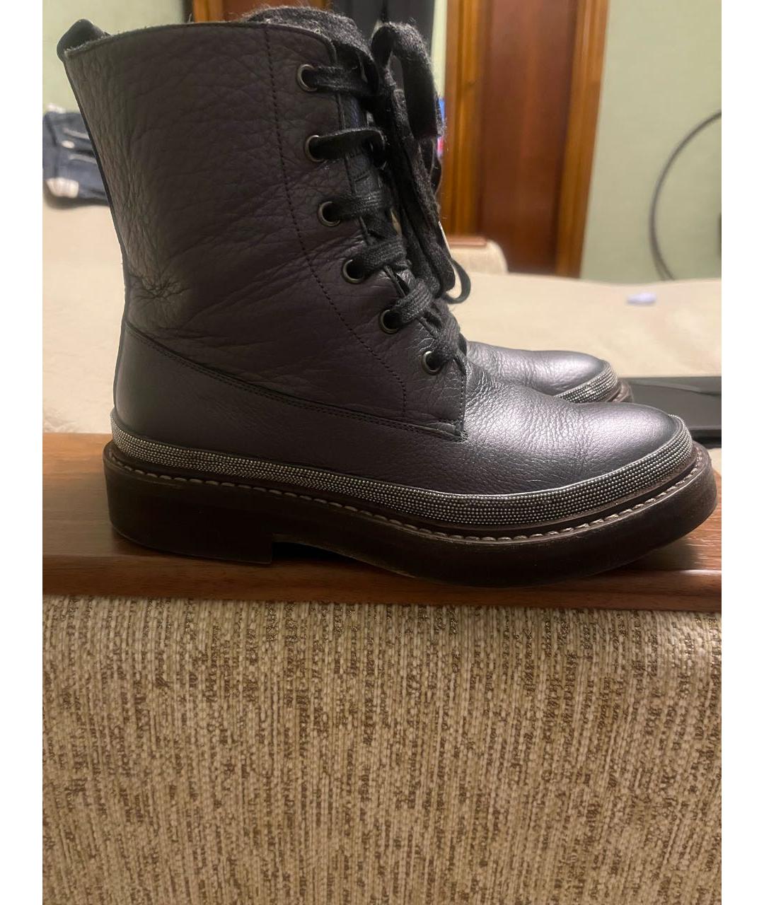 BRUNELLO CUCINELLI Антрацитовые кожаные ботинки, фото 9