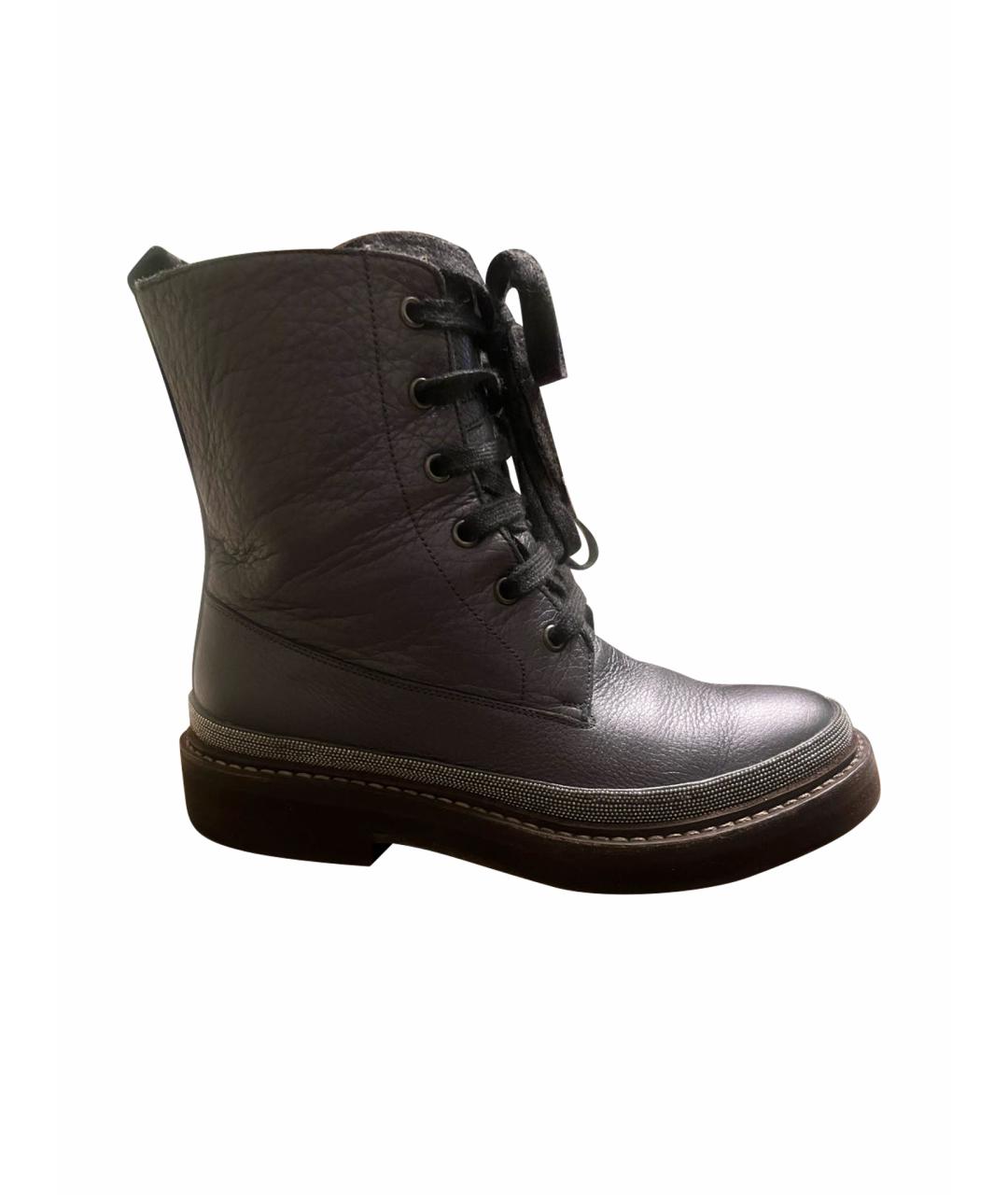 BRUNELLO CUCINELLI Антрацитовые кожаные ботинки, фото 1