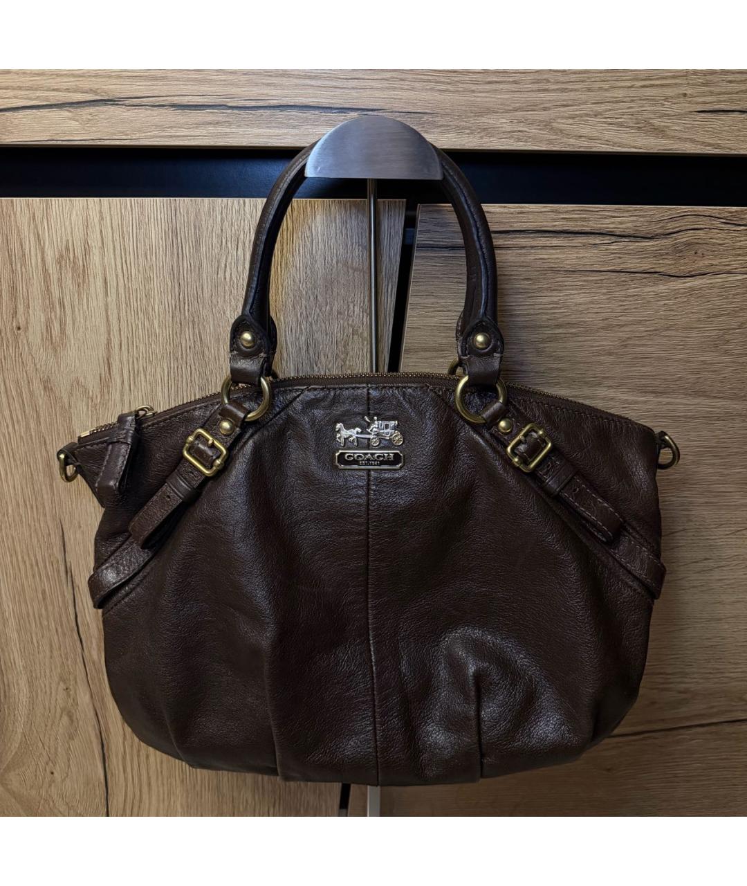 COACH Коричневая кожаная сумка с короткими ручками, фото 9