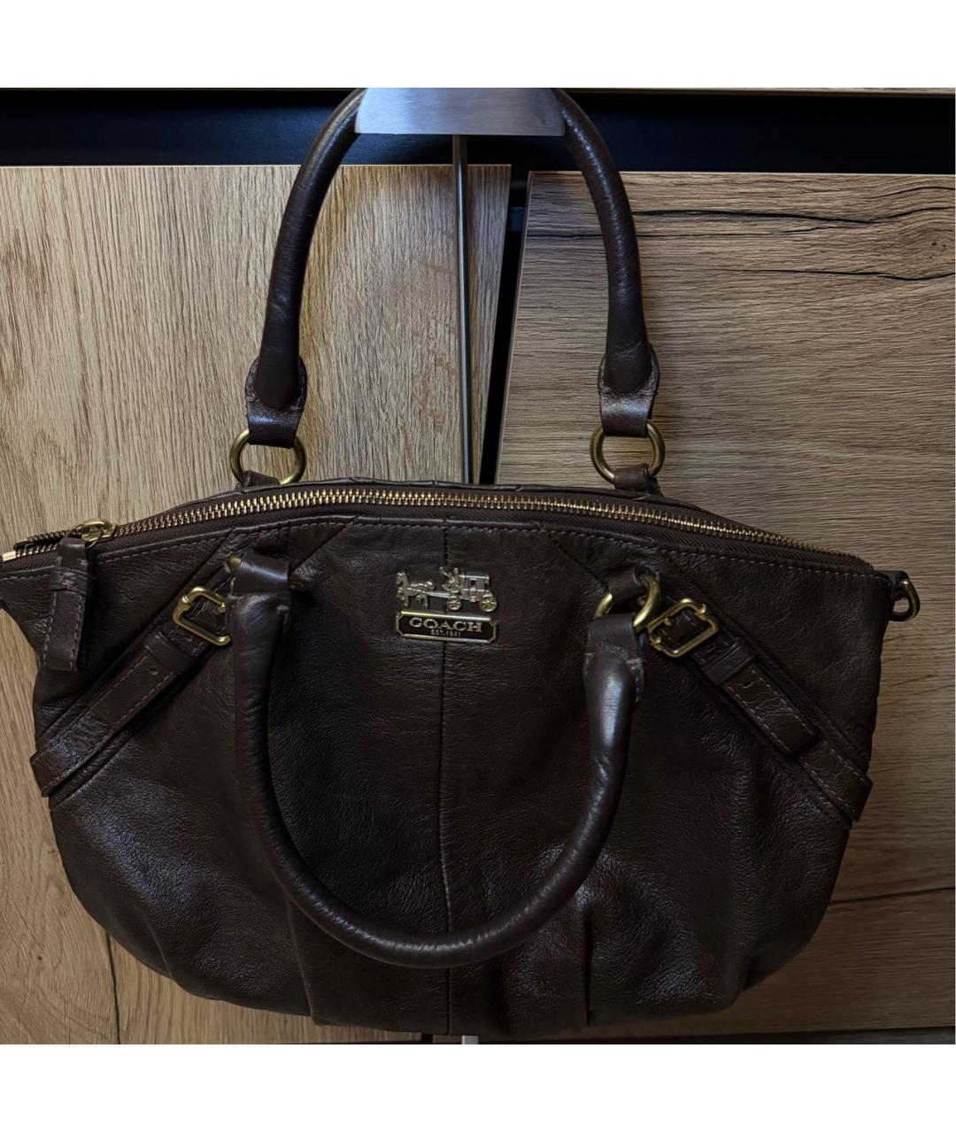 COACH Коричневая кожаная сумка с короткими ручками, фото 2