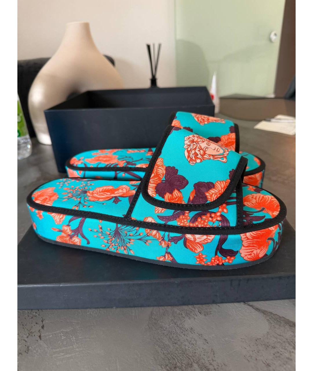 VERSACE Бирюзовые текстильные шлепанцы, фото 8