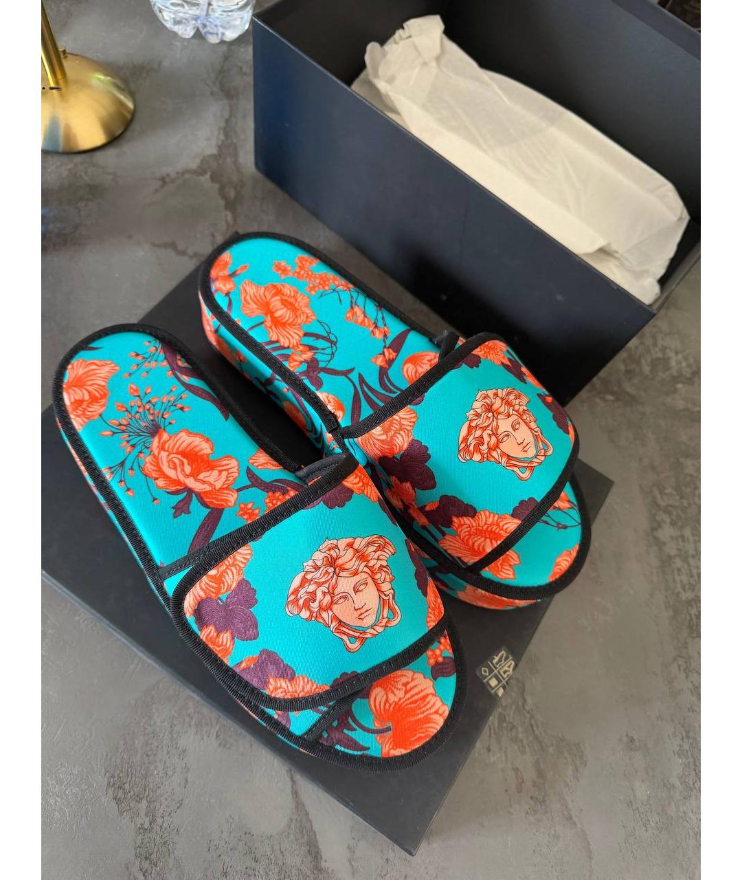 VERSACE Бирюзовые текстильные шлепанцы, фото 3