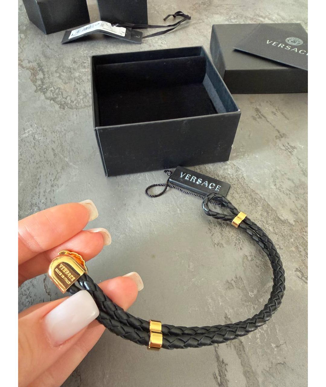 VERSACE Черный кожаный браслет, фото 4
