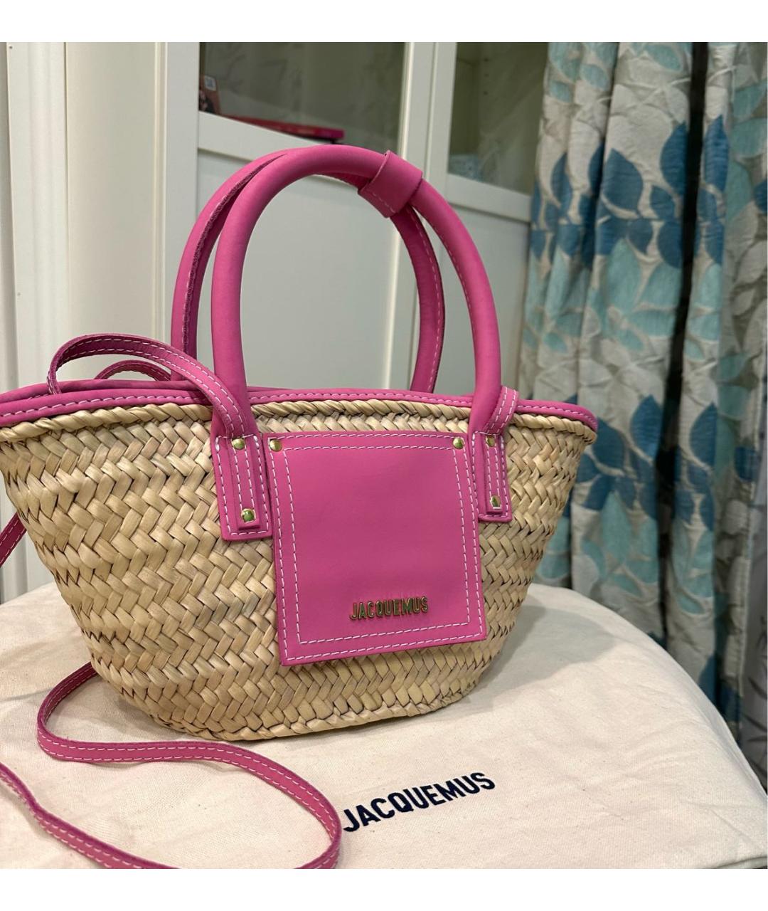 JACQUEMUS Розовая пелетеная пляжная сумка, фото 2