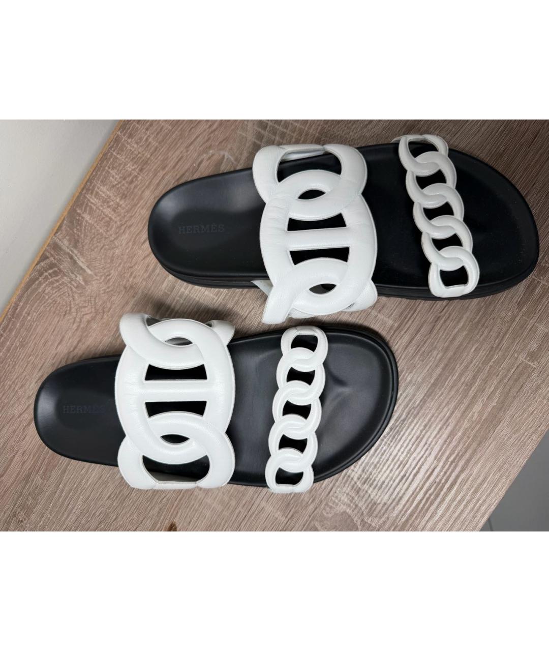 HERMES Белые кожаные шлепанцы, фото 4