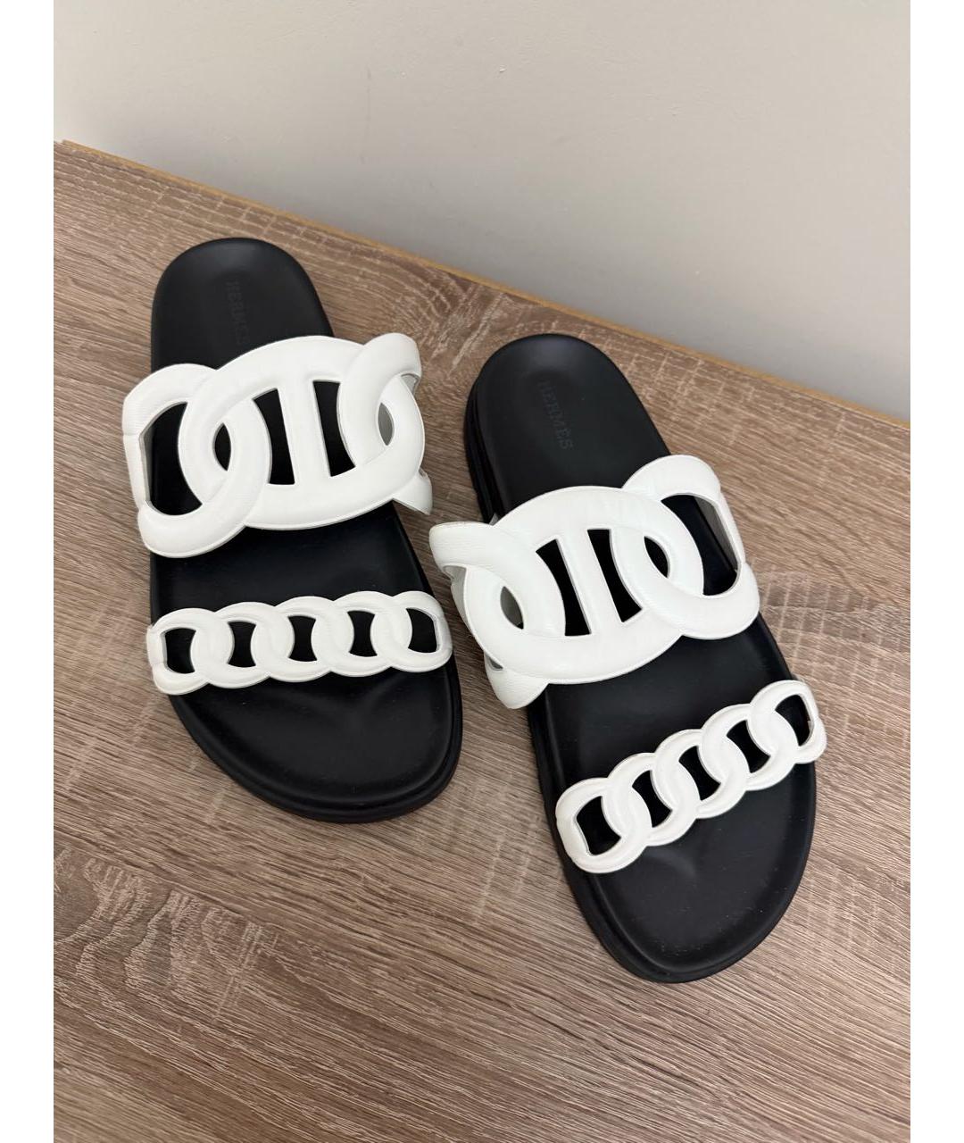 HERMES Белые кожаные шлепанцы, фото 2