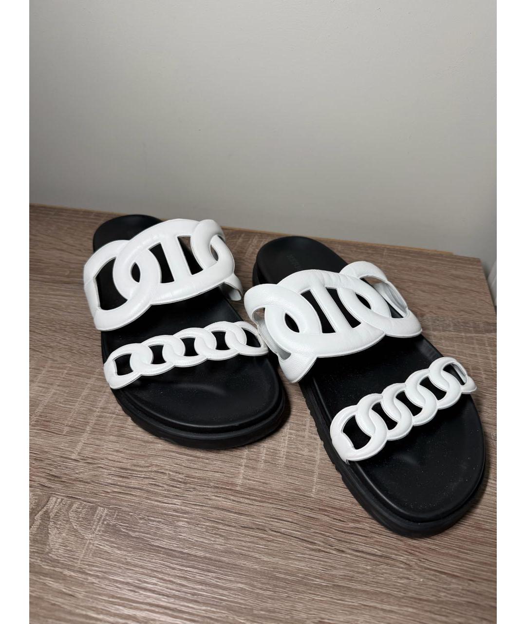 HERMES Белые кожаные шлепанцы, фото 3