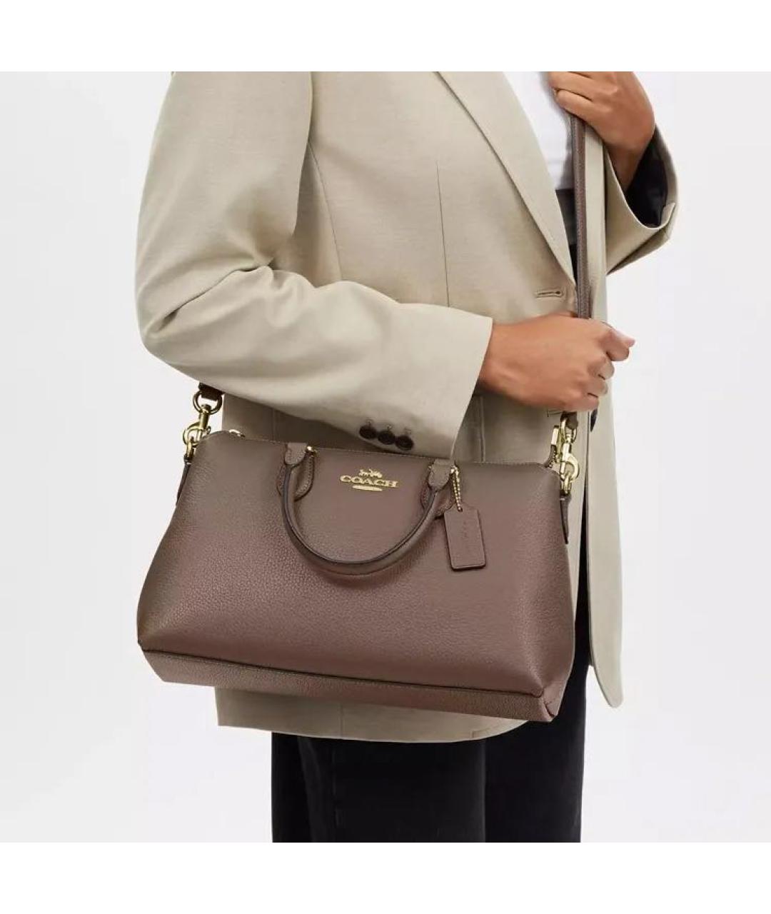COACH Коричневая кожаная сумка с короткими ручками, фото 5