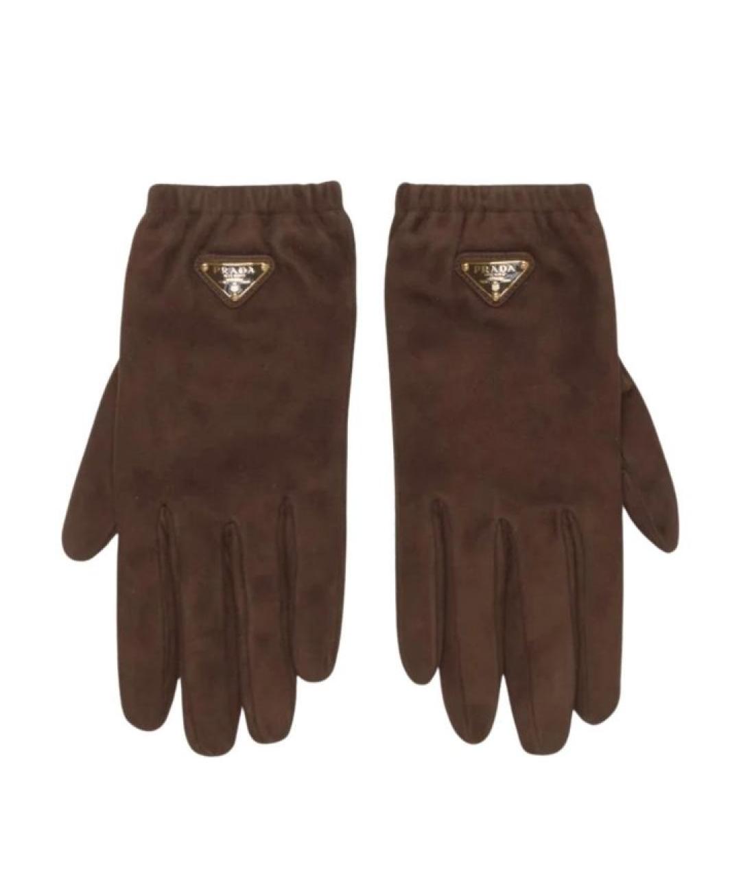 PRADA Коричневые кожаные перчатки, фото 1
