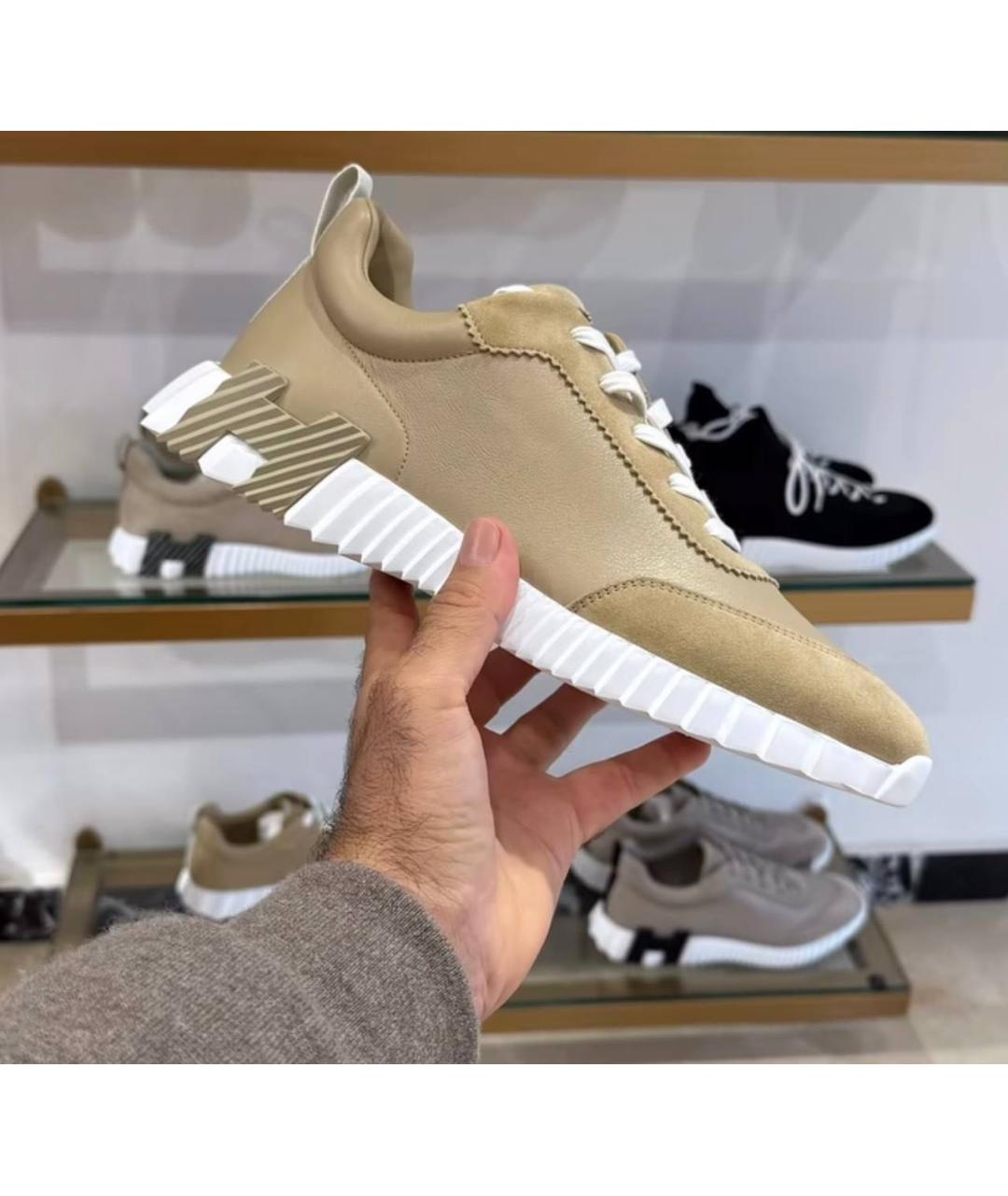 HERMES Бежевые кожаные низкие кроссовки / кеды, фото 6