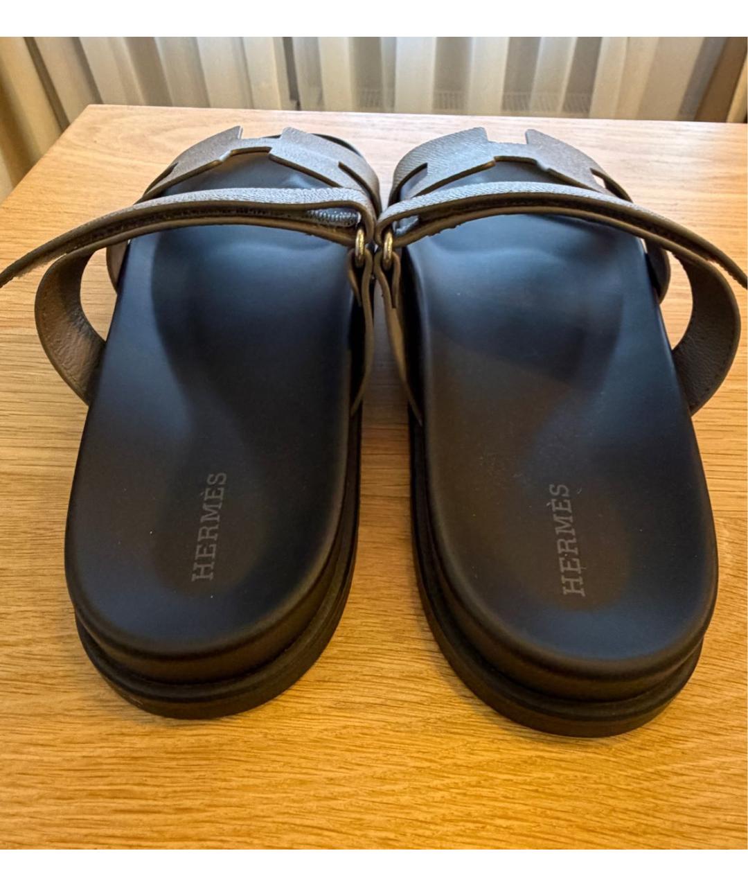 HERMES Антрацитовые кожаные шлепанцы, фото 3