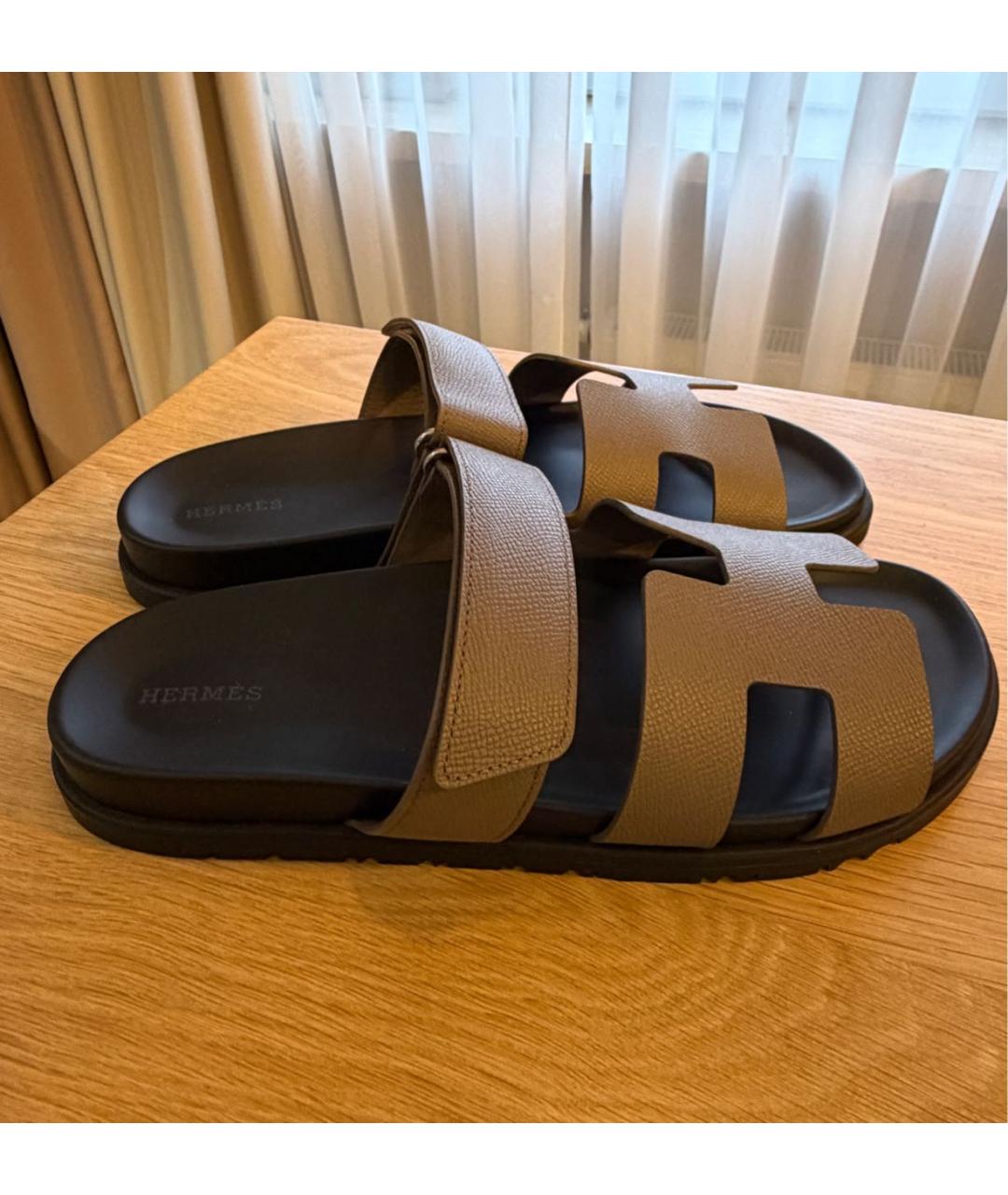 HERMES Антрацитовые кожаные шлепанцы, фото 8