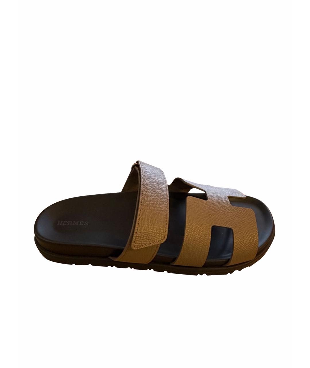 HERMES Антрацитовые кожаные шлепанцы, фото 1