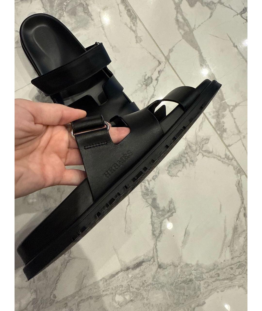HERMES Черные кожаные шлепанцы, фото 6