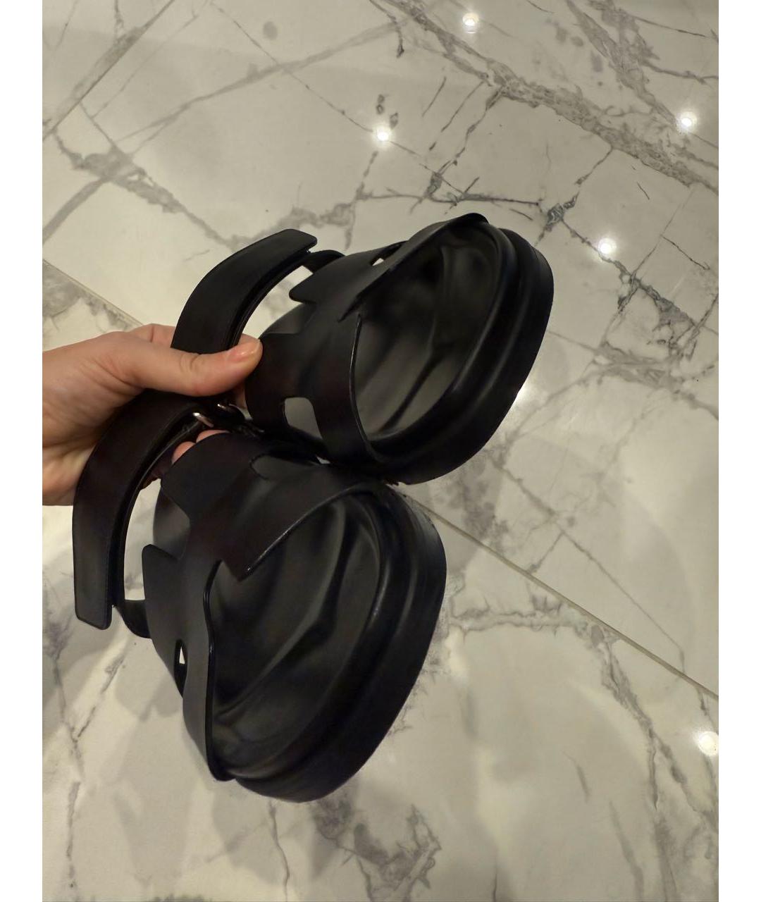 HERMES Черные кожаные шлепанцы, фото 7