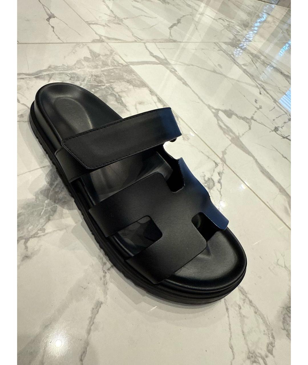 HERMES Черные кожаные шлепанцы, фото 8