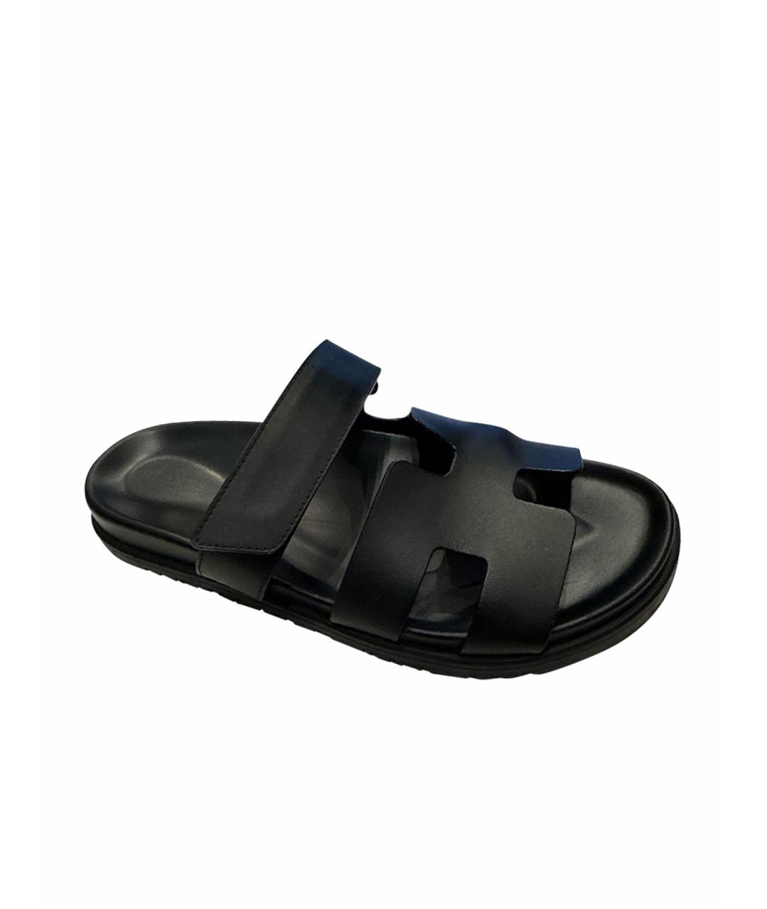 HERMES Черные кожаные шлепанцы, фото 1