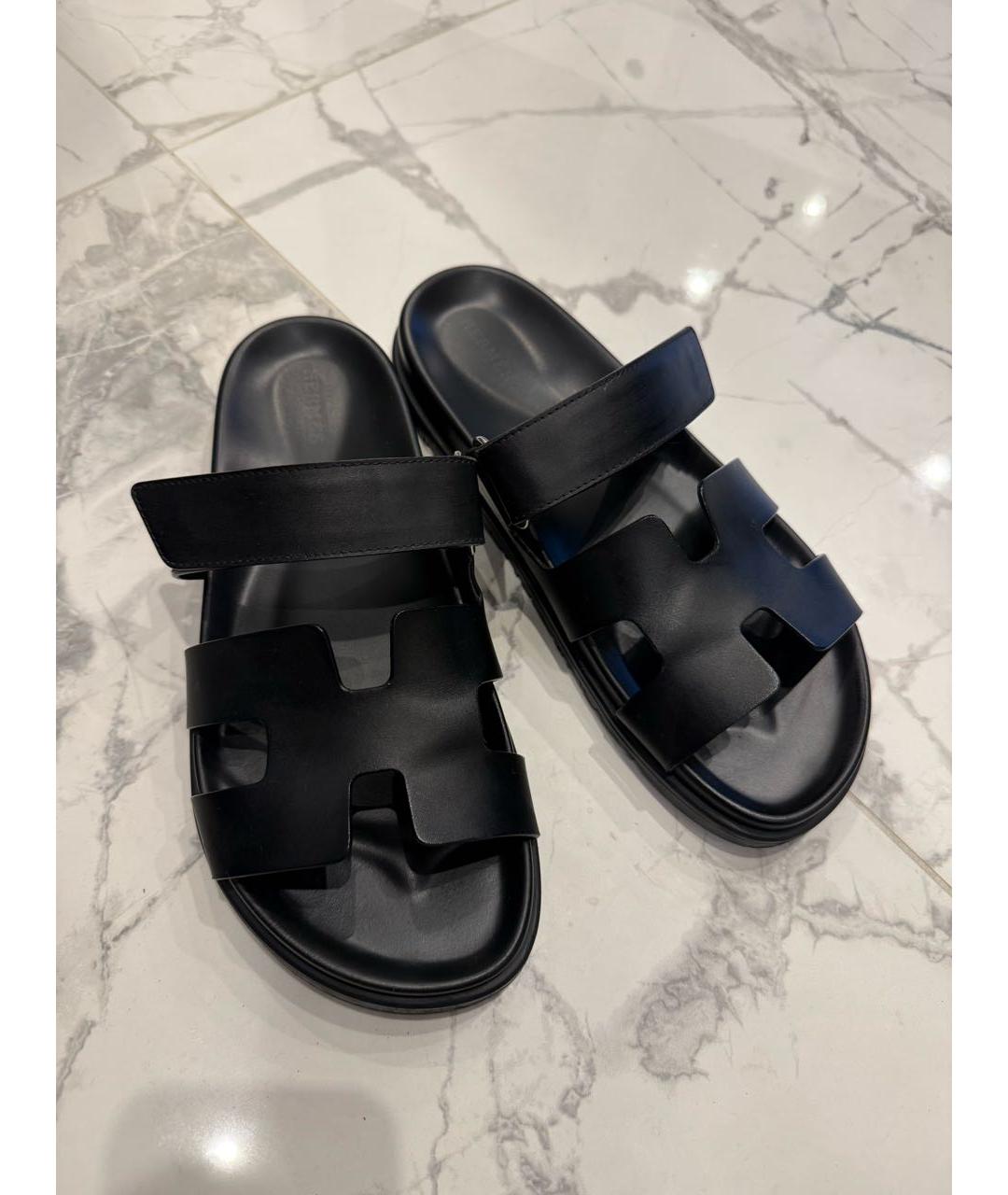 HERMES Черные кожаные шлепанцы, фото 2
