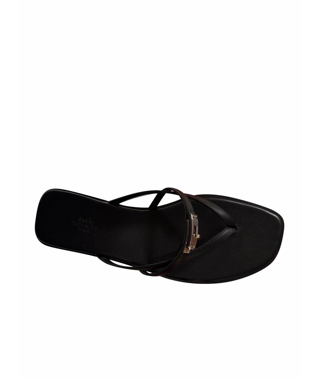 HERMES Черные кожаные шлепанцы, фото 1