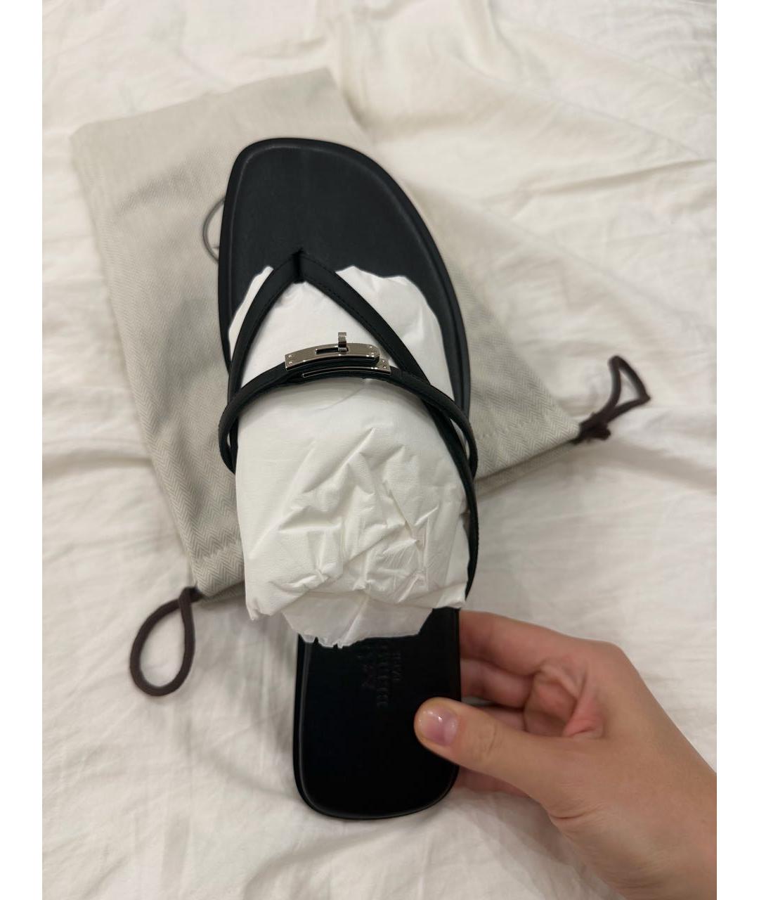 HERMES Черные кожаные шлепанцы, фото 2