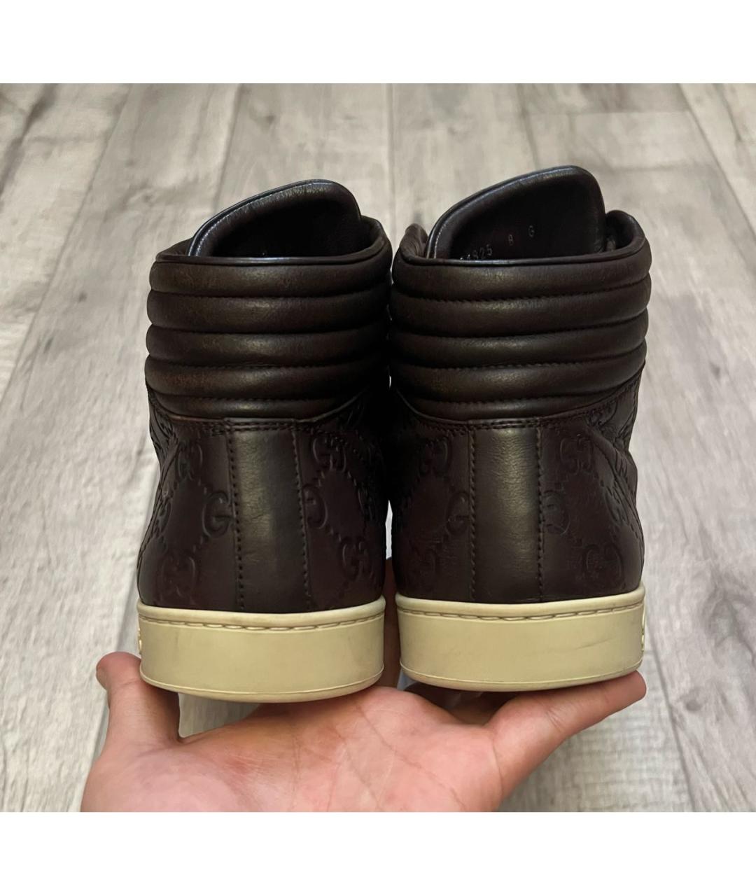GUCCI Коричневые кожаные высокие кроссовки / кеды, фото 7