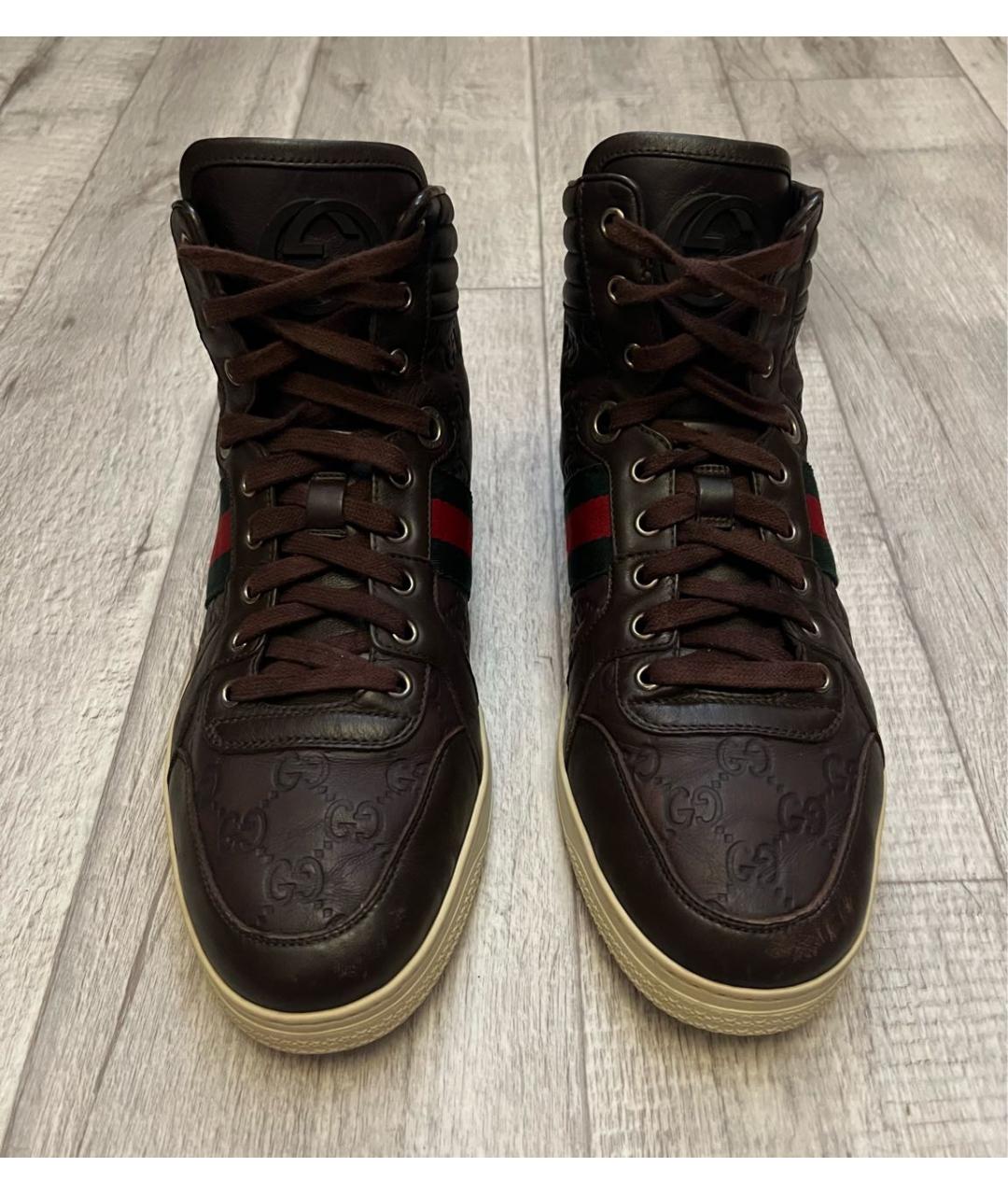 GUCCI Коричневые кожаные высокие кроссовки / кеды, фото 3