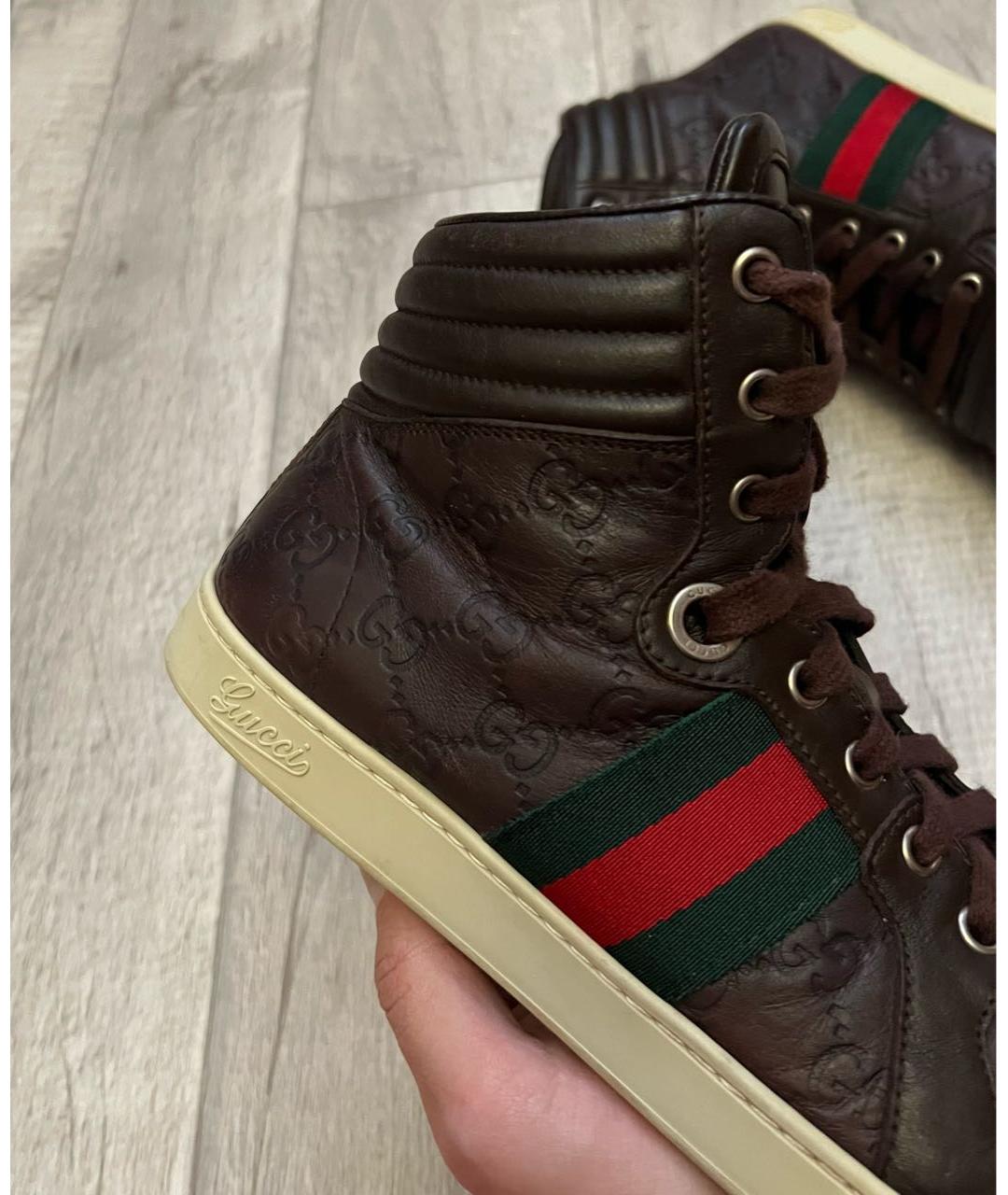 GUCCI Коричневые кожаные высокие кроссовки / кеды, фото 4