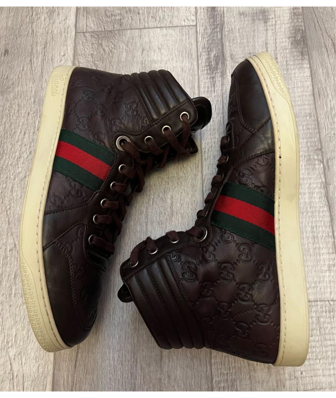 GUCCI Коричневые кожаные высокие кроссовки / кеды, фото 5
