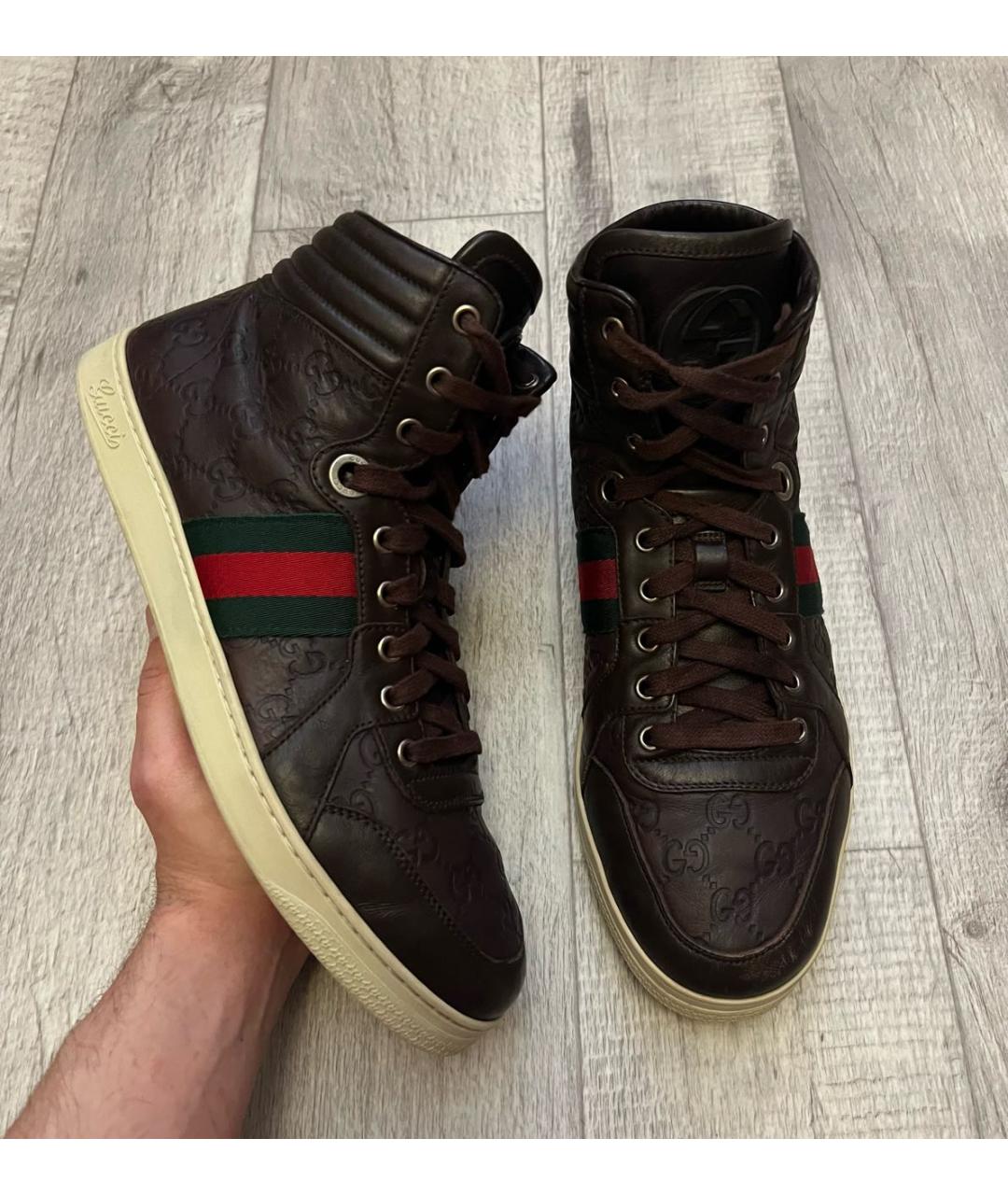 GUCCI Коричневые кожаные высокие кроссовки / кеды, фото 2