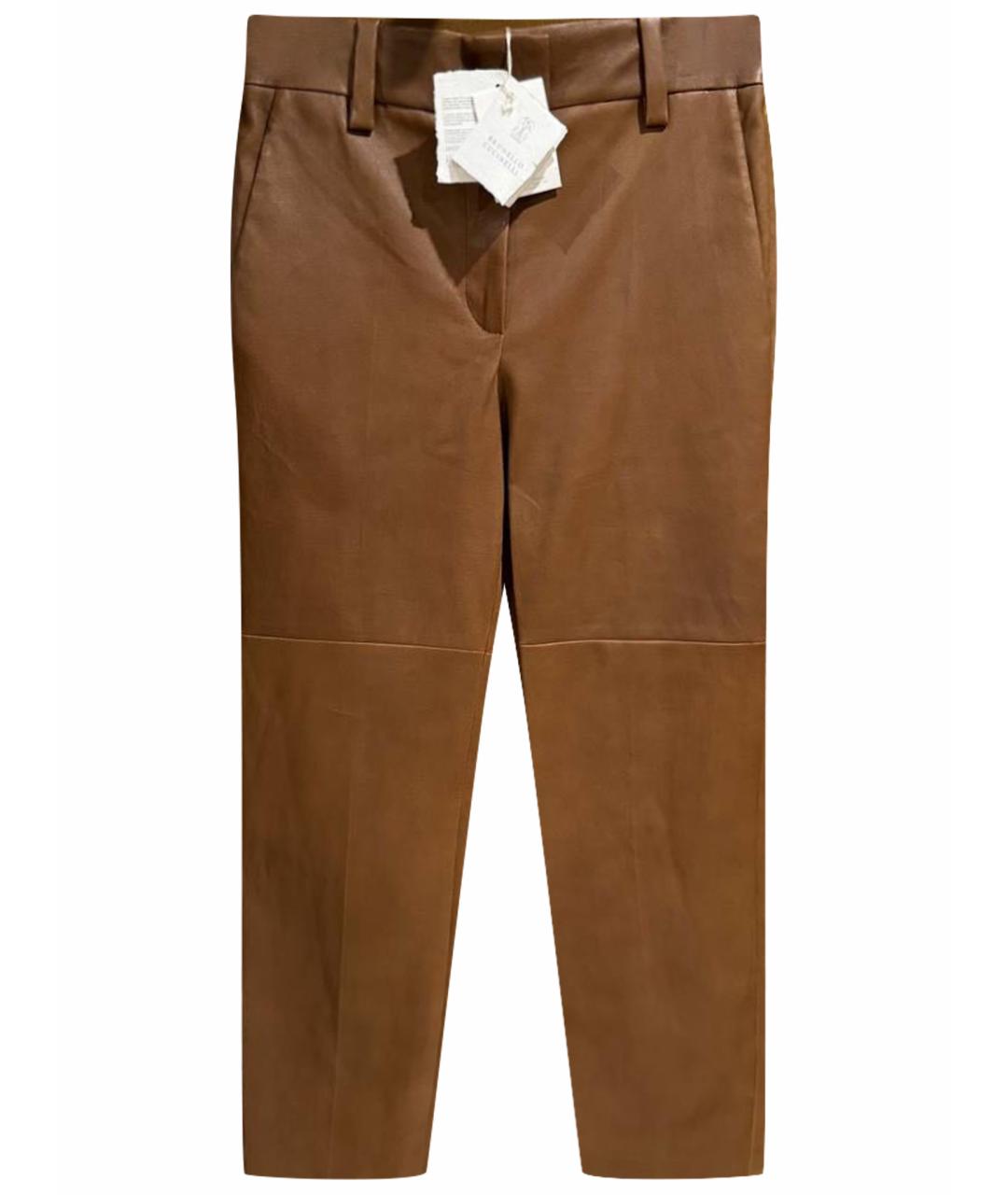 BRUNELLO CUCINELLI Коричневые кожаные прямые брюки, фото 1