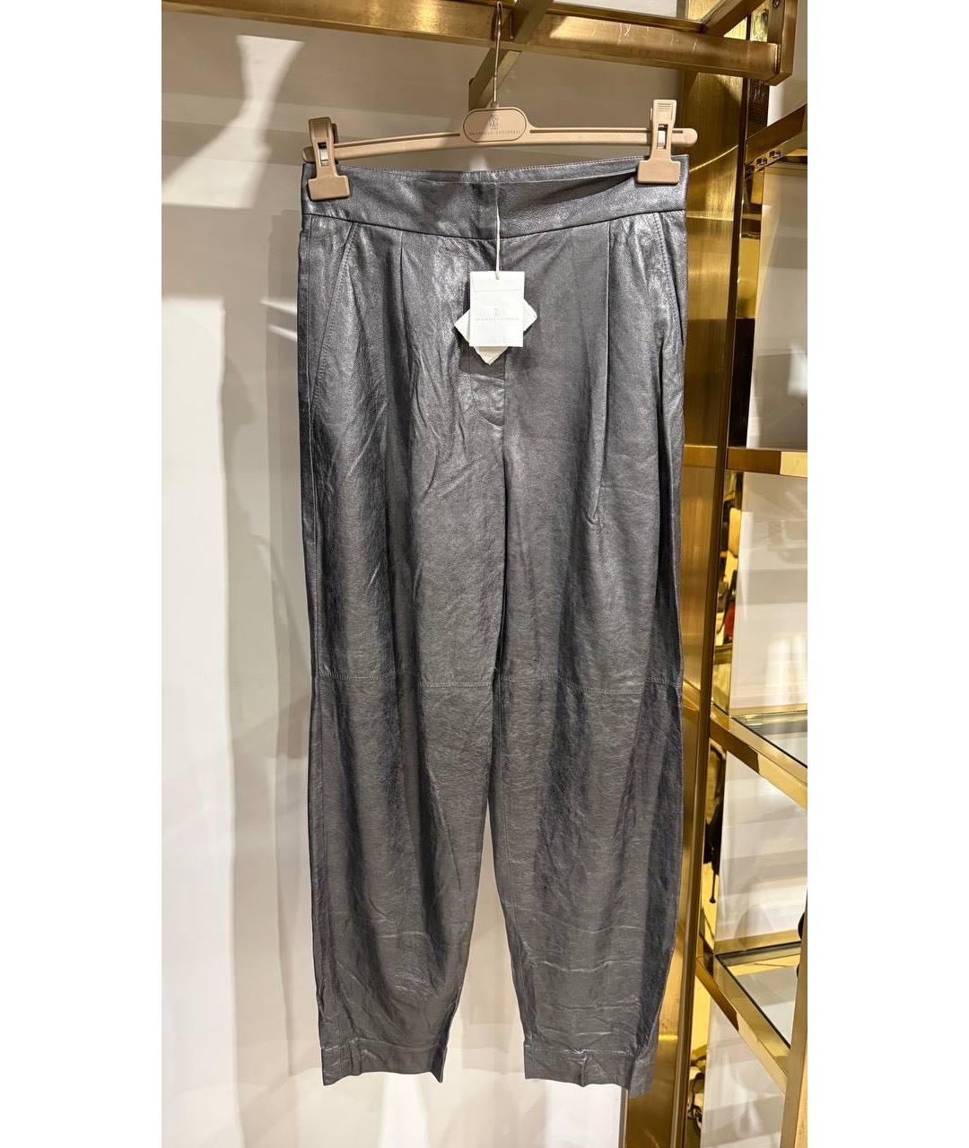 BRUNELLO CUCINELLI Серебряные кожаные прямые брюки, фото 3